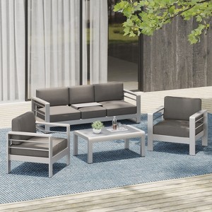 GDFStudio Omar 4 Piece Modern Outdoor Aluminum Conversation Set with Convertible Tray and Coffee Table - 1 of 4