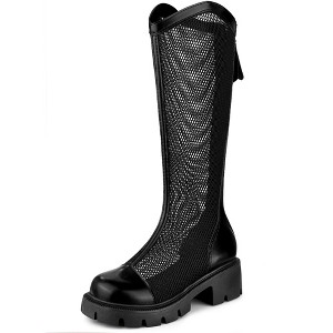 Allegra K Women's Mesh Round Toe Back Zip Chunky Heels Knee High Boots - 1 of 4