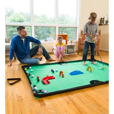 HearthSong - Golf Pool Indoor Family Game Special, Includes Two Golf Clubs, 16 Balls, Green Mat, Rails, and Wooden Arches