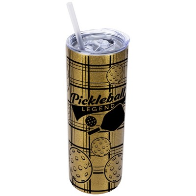 Elanze Designs Plaid Vegas Gold 20 Ounce Double Wall Stainless Steel Glitter Travel Tumbler With Sliding Lid And Straw, Pickleball