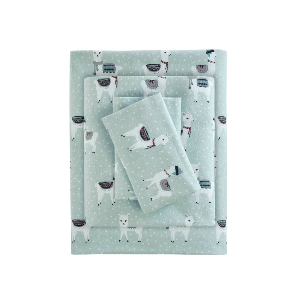 Photos - Bed Linen Twin Printed Cotton Flannel Sheet Set Seafoam Llama