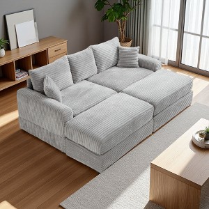 82" Corduroy Sectional Sofa Bed with Pillows & Ottomans - 1 of 4