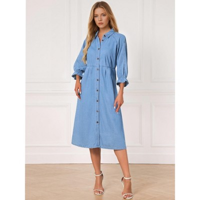 Женские платья INSPIRE CHIC Women's Denim Casual Ruffle Long Sleeve Button Down Midi Jean Shirt Dress Light Blue Medium — фото 2