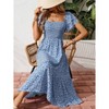 Coolmee Womens Summer Casual Floral Maxi Dress Square Neck Ruffle Short Sleeve Smocked High Waist A Line Wedding Guest Dresses - 3 of 4