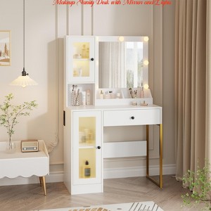 Bedroom Makeup Vanity Desk w/ Mirror and Lights, Vanity Table w/ Charging Station, RGB Lights Wood Dressing Table - 1 of 4