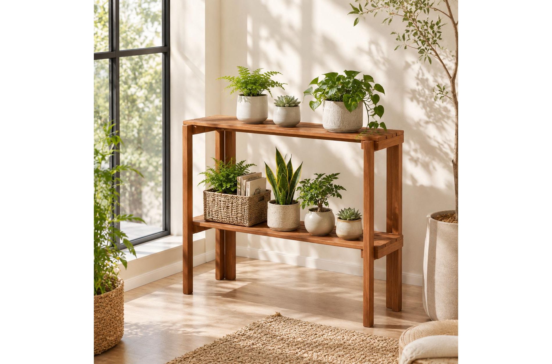 Folding Wood 2-Tier Indoor Outdoor Plant Stand for Entryway and Garden Storage Shelf