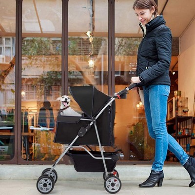 Black 4-Wheeled Folding Pet Stroller with Mesh Windows