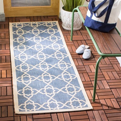 Blue and Beige Geometric Indoor/Outdoor Runner Rug
