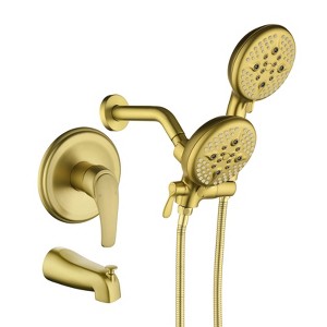 Cobbe Single Handle Wall Mounted Dual Shower Head with 5 Settings Hand Shower and Rain Shower Head and Tub Spout Shower Set Brushed Gold - 1 of 4