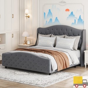 Jojoka Queen Size Upholstered Bed Frame with Wingback Button Tufted Headboard, Platform Bed with Metal and Wood Frame, No Box Spring Needed - 1 of 4