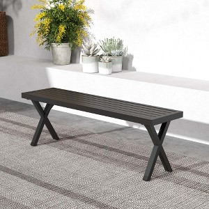 Costway 1/2 PCS 54" Patio Metal Bench with Slatted Seat & X Legs Backless Loveseat for Yard - 1 of 4