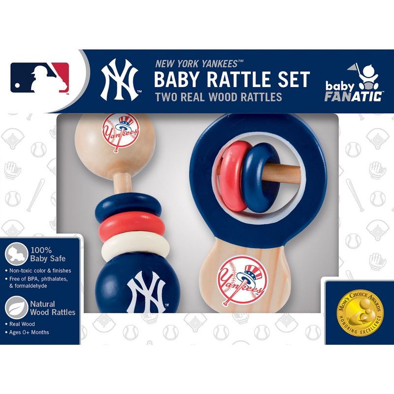Baby Fanatic Wood Rattle 2 Pack - MLB New York Yankees Baby Toy Set, 1 of 5