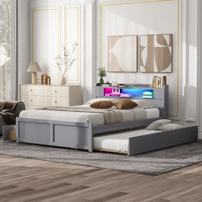 Queen Size Wood Storage Platform Bed with LED, 2 Drawers and 1 Trundle