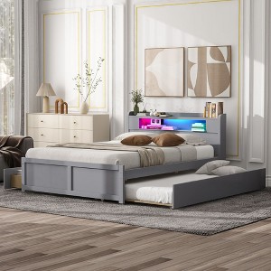 Queen Size Wood Storage Platform Bed with LED, 2 Drawers and 1 Trundle - 1 of 4
