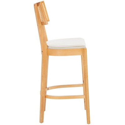 Natural Wood and Rattan Woven Bar Stool with Cushion