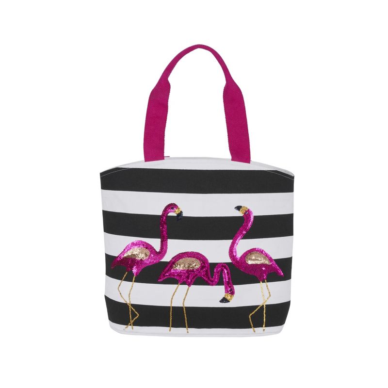 Mina Victory Stripe Sequin Flamingos 22" x 15" x 6" Beach Bag with Matching Clutch Black White, 4 of 9