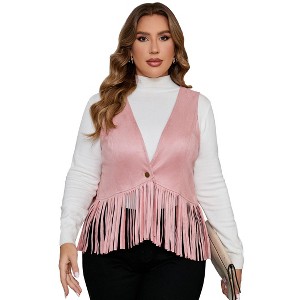 MISSKY Women's Plus Size Studded Fringe Trim Open Front Sleeveless Faux Suede Vest Jacket - 1 of 4