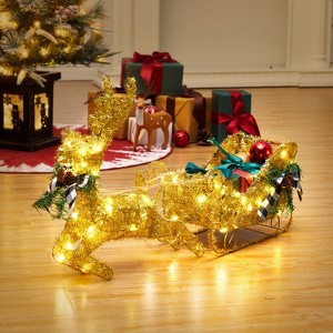 Gold Metal Frame Reindeer Christmas Decor with Sleigh for Xmas Holiday Party Supply - 1 of 4