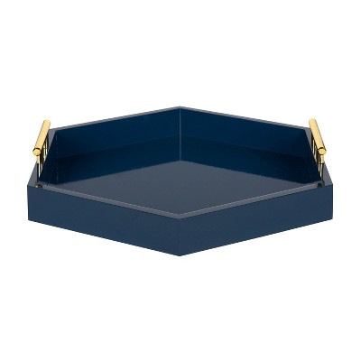 Navy Blue Rectangular Wood Accent Tray with Metal Handles