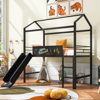 NicBex Twin Size Loft Bed with Roof Design,Metal Loft Bed Frame with Slide and Writing Board,Bed Frame for Kids,Box Spring Not Required