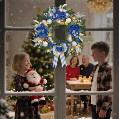 24 Inch Christmas Wreath with Lights and Blue Silver Balls for Front Door Fireplace Window Holiday Home Decor