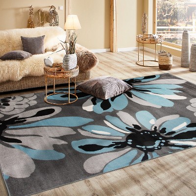 Blue and Gray Abstract Floral Synthetic Area Rug 8'8" x 12'