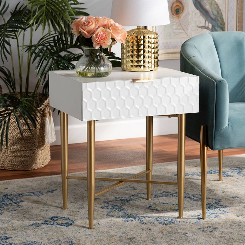 Marcin Wood and Metal 1 Drawer Nightstand White/Gold - Baxton Studio, 6 of 15