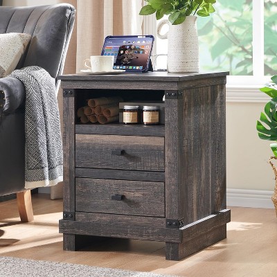 SinCiDo Nightstand with Charging Station, 18″ Farmhouse Night Stand with 2 Drawers, Wood Rustic End Table