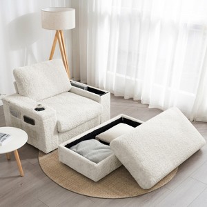 Whisen Oversized Faux Rabbit Fur Chaise Lounge with Storage Ottoman and Armrests, Upholstered Sleeper Sofa Bed with Cup Holders - 1 of 4
