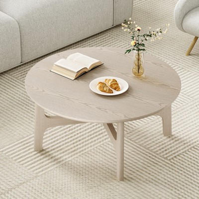 Grungis Round Coffee Table with Wood Circular Tabletop,39" Minimalist Accent Table with Cross Frame,Modern Coffee Table for Living Room,White