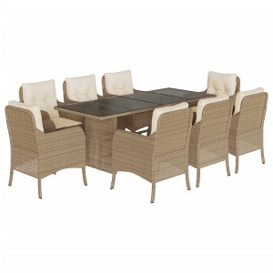 vidaXL 9-Piece Patio Dining Set with Cushions - Beige Poly Rattan, Tempered Glass Top Table, Garden, Backyard, Outdoor Furniture - 1 of 4