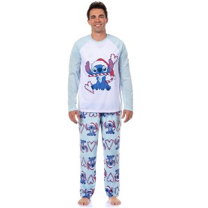 Seven Times Six Disney Stitch Christmas Pajamas Men's Candy Cane 2 Piece PJ Lounge Set - 1 of 4