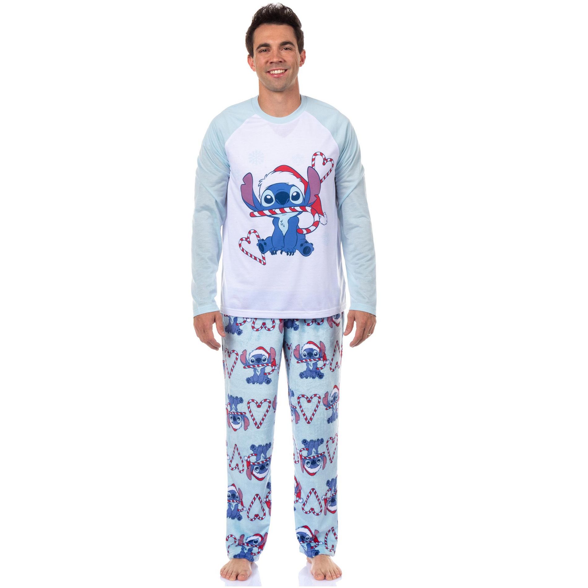 Seven Times Six Disney Stitch Christmas Pajamas Men's Candy Cane 2 Piece PJ Lounge Set