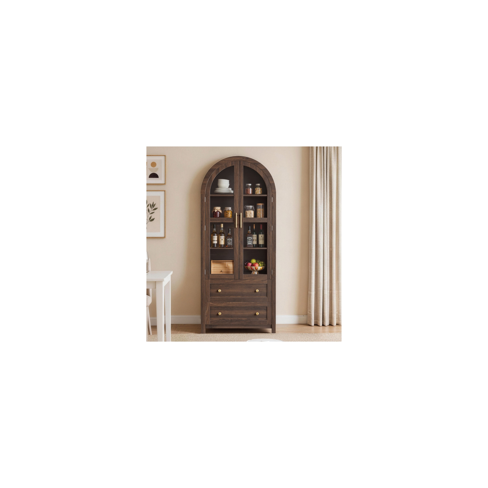Spruce & Spring 71" Tall Arched Pantry Cabinet with Acrylic Display Doors & 2 Drawers
