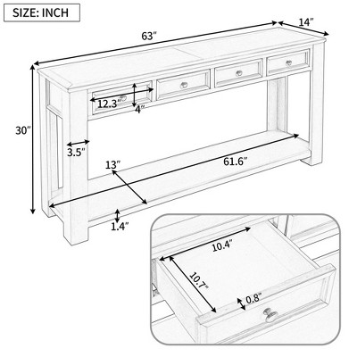 63" White Wood Console Table with 4 Drawers and Shelf