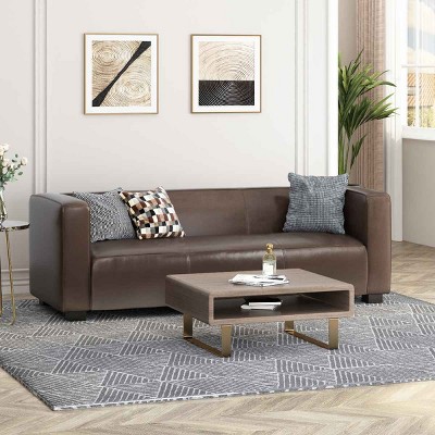 3 Seater Sofa for Living Room, Tuxedo Arm Design Sofa with Smooth Finish, Upholstered PU Leather Couch with Birch Wood Legs-Coolbibila