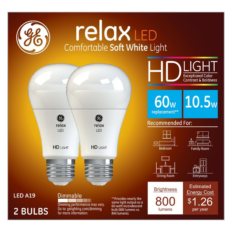 GE 2pk 60W Equivalent Relax LED HD Light Bulbs Soft White, 1 of 4