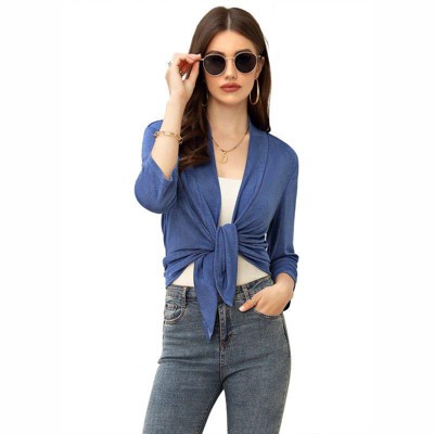 Coolmee Women's Casual 3/4 Sleeve Tie Open Front Cardigans Sheer Draped Ruffles Cardigan
