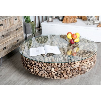 Handcrafted Driftwood Round Coffee Table with Glass Top, 48" Brown
