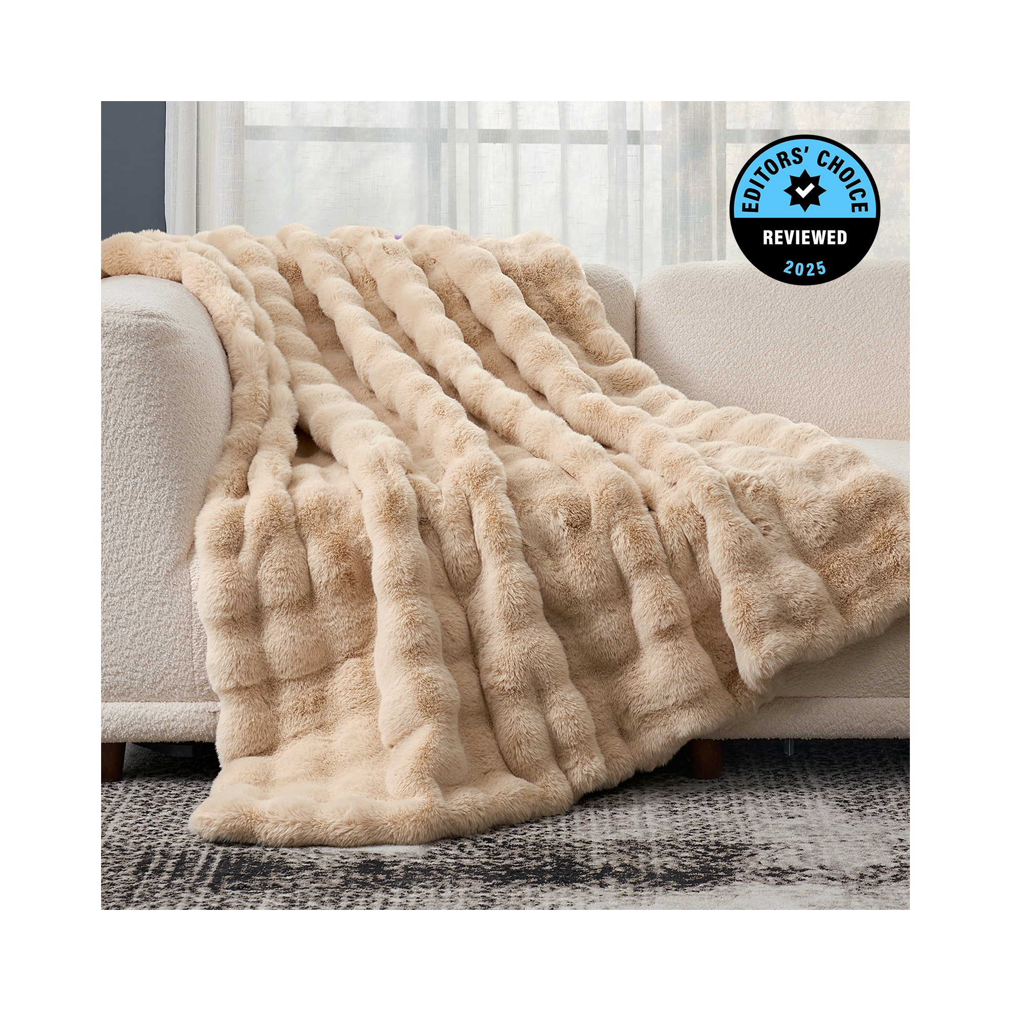 Bubble Faux Fur Throw Blanket, Plush Soft Decorative Throw for Sofa and Bed, Beige, Twin - Cozy Bliss