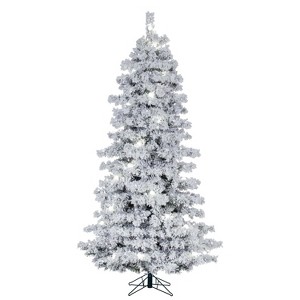 Vickerman 6.5'x44" Flocked Slim Alaskan Artificial Pre-Lit Christmas Tree with Warm White Lights - 1 of 4