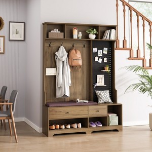 Farmhouse Wood Hall Tree with Shoe Bench and 2 Drawers, 3-in-1 Coat Rack with 4 Hooks for Entrance, Hallway, Mudroom - 1 of 4