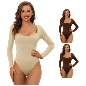 Allegra K Women's Long Sleeve Slim Fit Stretchy Square Neck Leotard Jumpsuit 3 Packs - 1 of 4