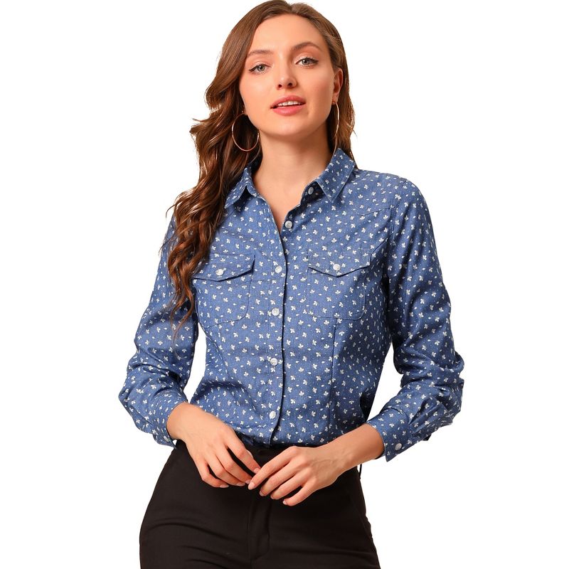 Allegra K Women's Regular Fit Point Collar Chest Pockets Button Down Dots Shirt, 1 of 7