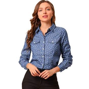 Allegra K Women's Regular Fit Point Collar Chest Pockets Button Down Dots Shirt