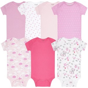 Everyday Kids 7-Pack Pink Short Sleeve Baby Girls Bodysuits – 100% Soft Cotton with Cute Hearts, Clouds, Animals and Solid Colors - 1 of 4