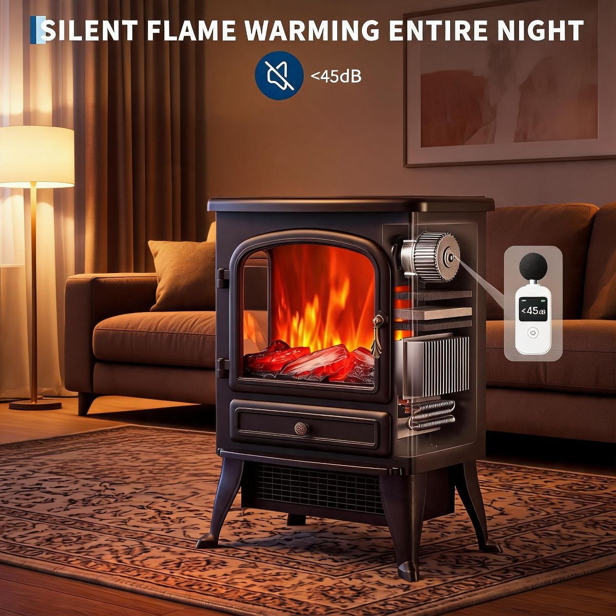 Garvee Freestanding Electric Fireplace Stove with 3-Sided Glass, 750W/1500W Heater with Thermostat, 5118 BTU, Multicolor Flame - thumbnail 6