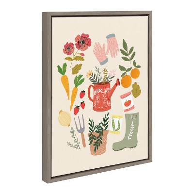 Whimsical Gardening Art Print on Canvas with Gray Frame