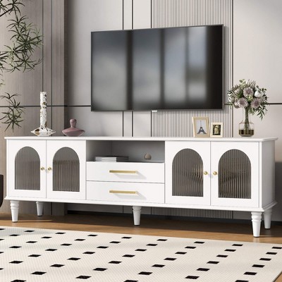 ORRD Modern 69" TV Stand for 75"+ TVs, Arch Glass Doors, Drawer,2 Cabinets, Fluted Wood Design, White