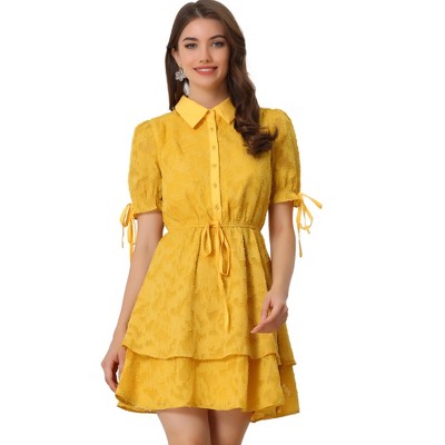 Allegra K Women's Peter Pan Collar Floral Drawstring Chiffon Layered Dress